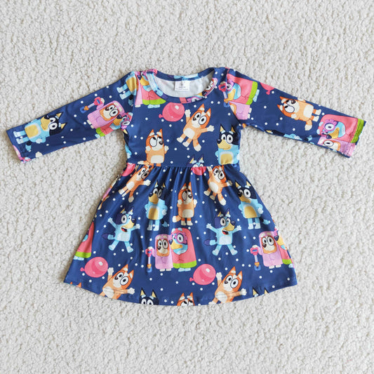 Blue dog print long sleeve baby girls dresses