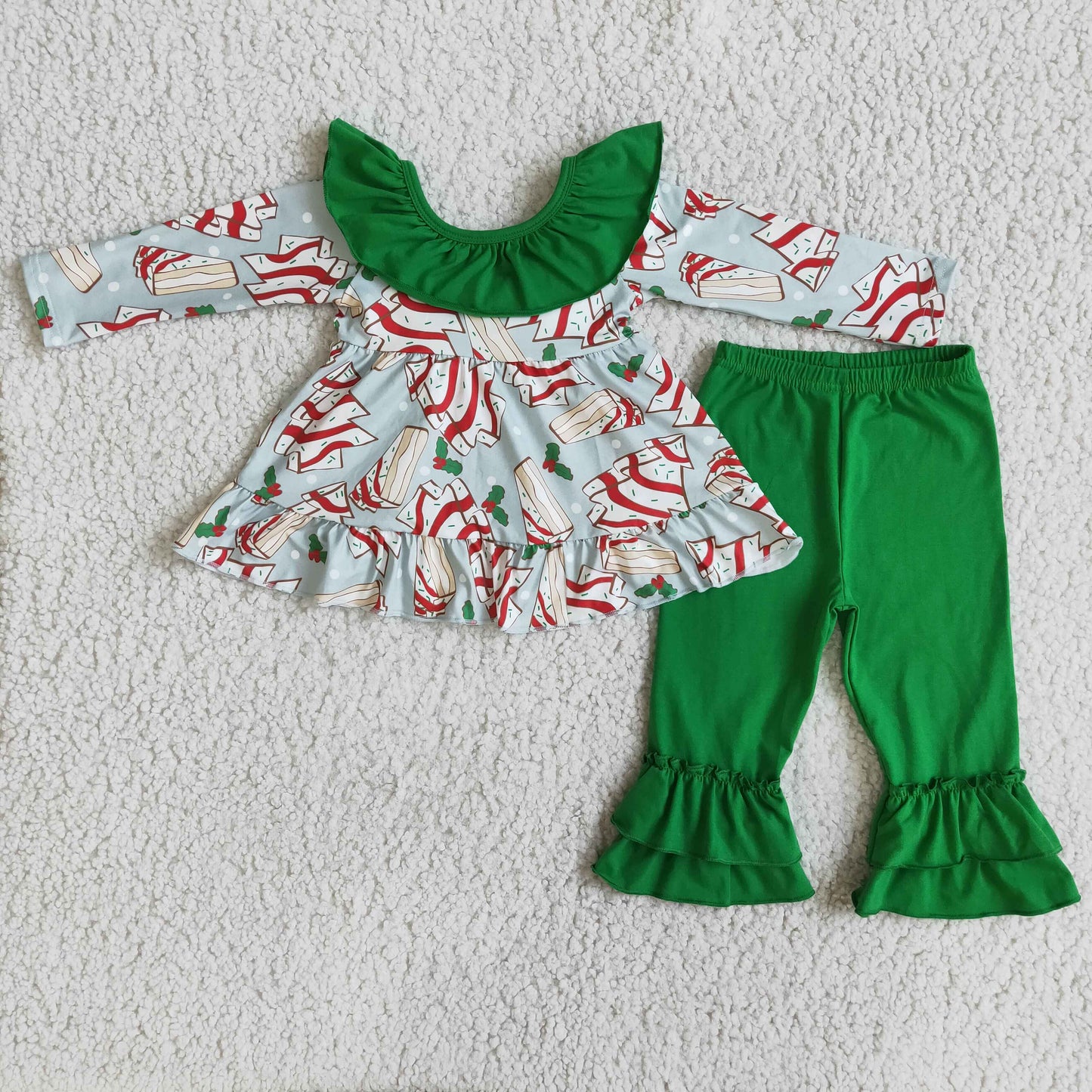 Christmas tree cakes backless tunic green pants girls boutique clothing set