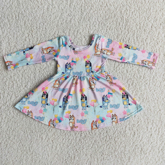 Heart dog cute print long sleeve girls twirl valentine's dresses