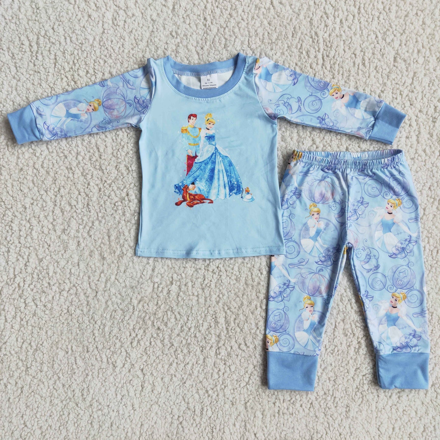 Blue long sleeve cute print carriages girls fall winter princess pajamas