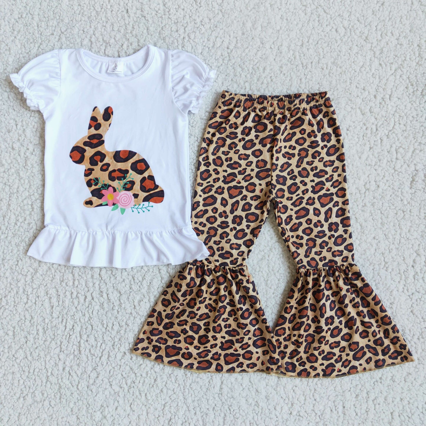 Bunny print shirt leopard bell bottom pants girls easter clothing