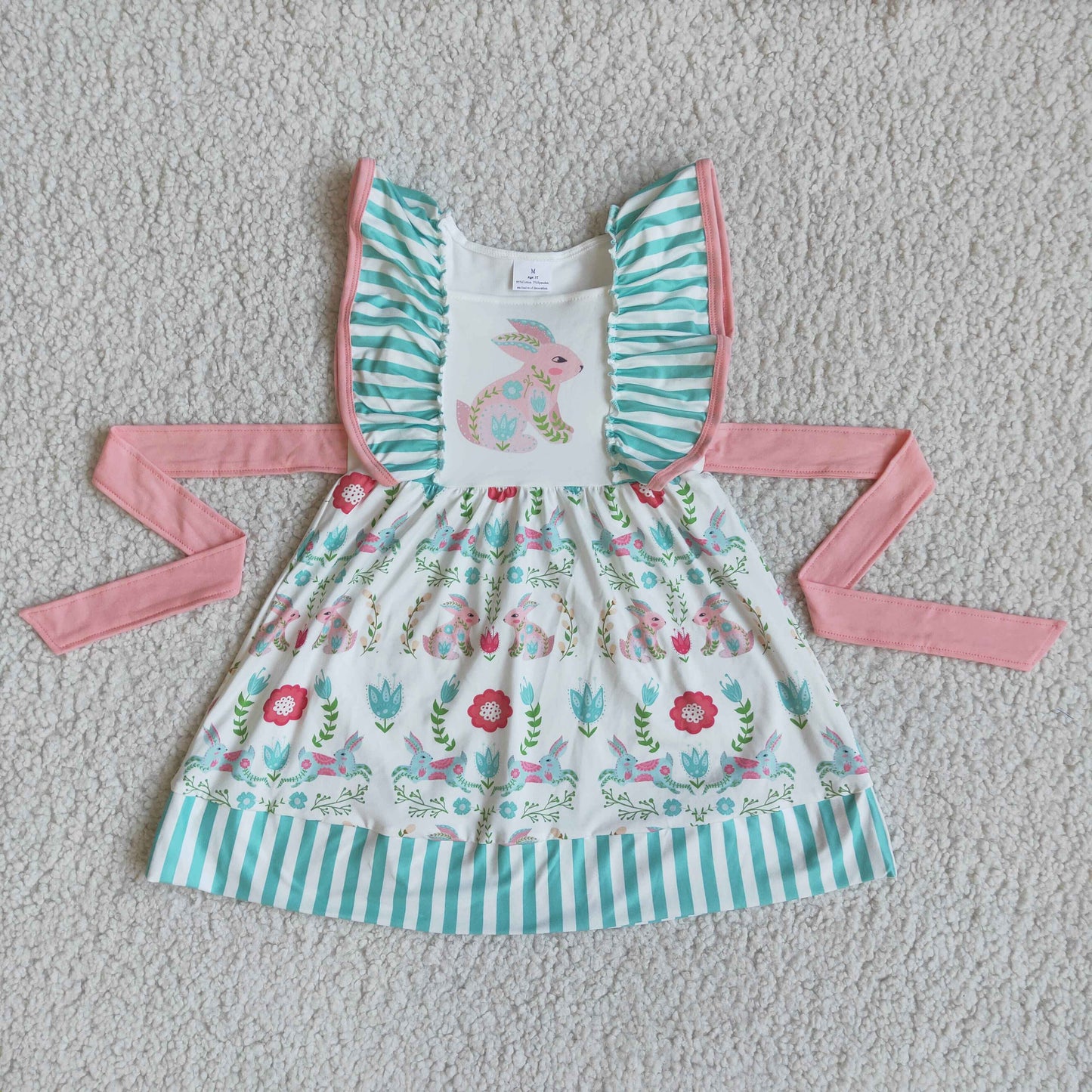 Bunny print flutter sleeve belt baby girls easter dresses