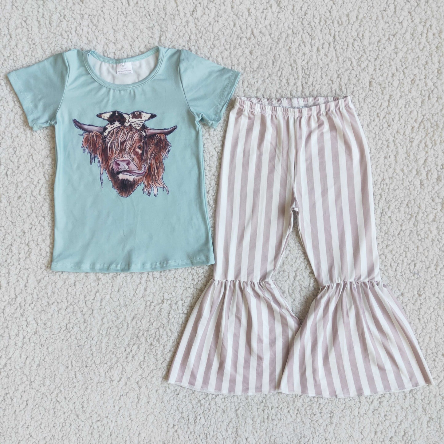 Cow print short sleeve shirt stripe bell bottom pants girls clothing