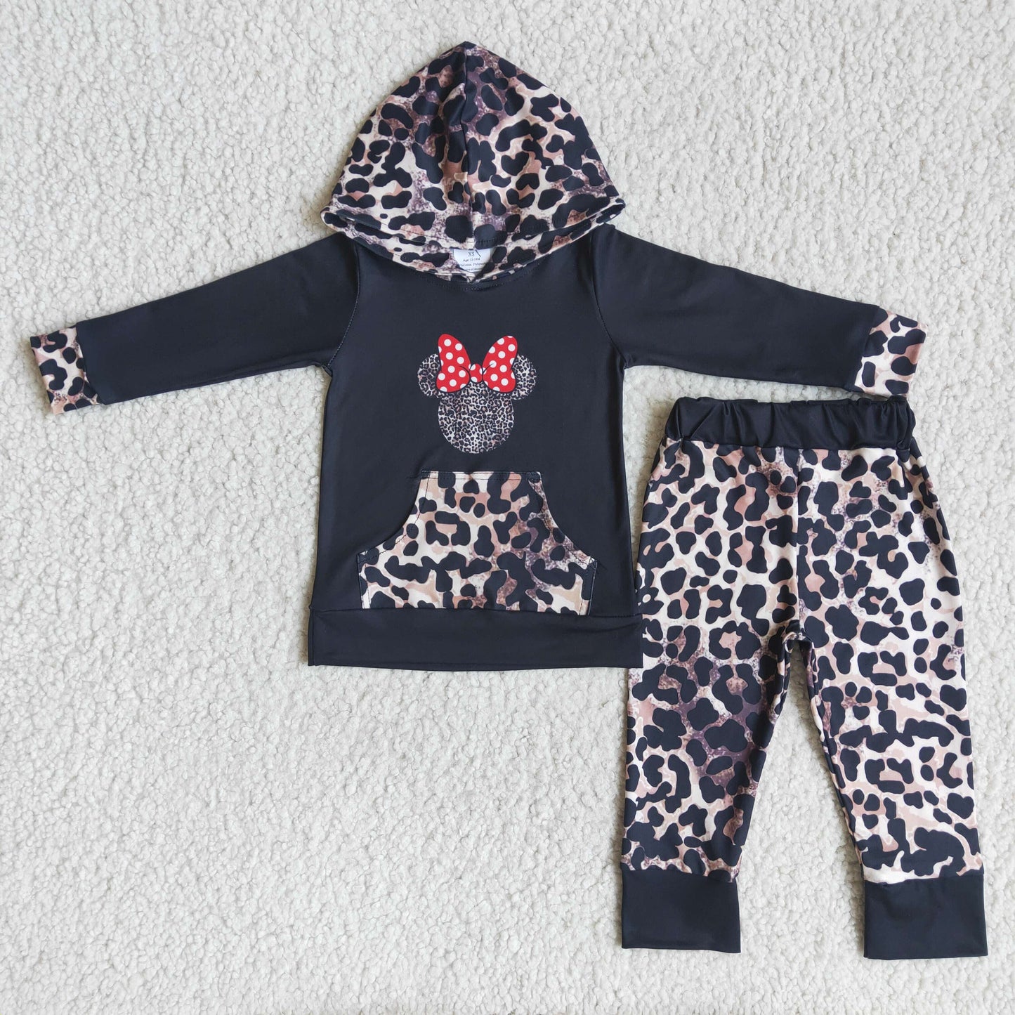 Black leopard bow mouse print hoodie baby girls clothing set