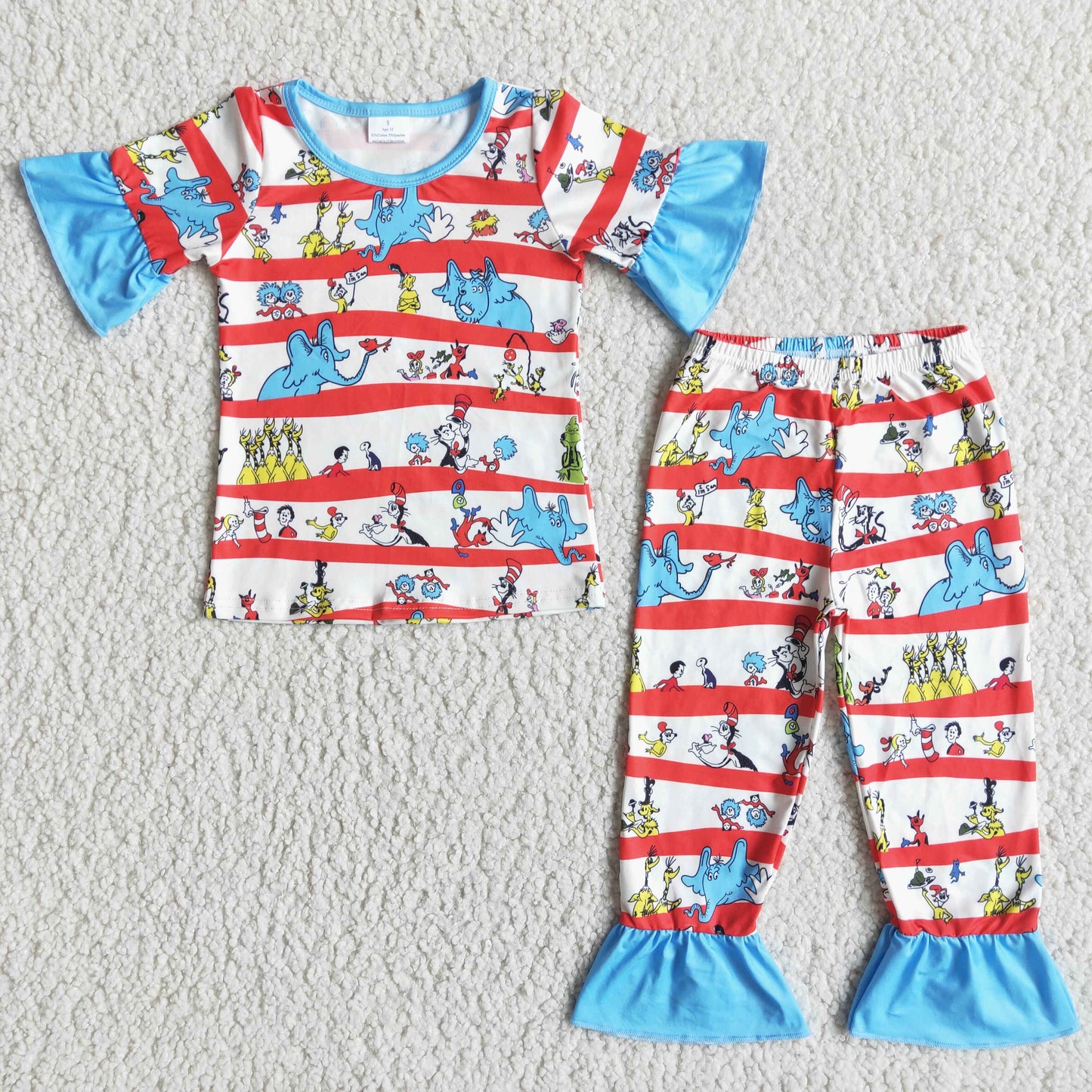 Blue cat ruffle short sleeve baby girls pajamas