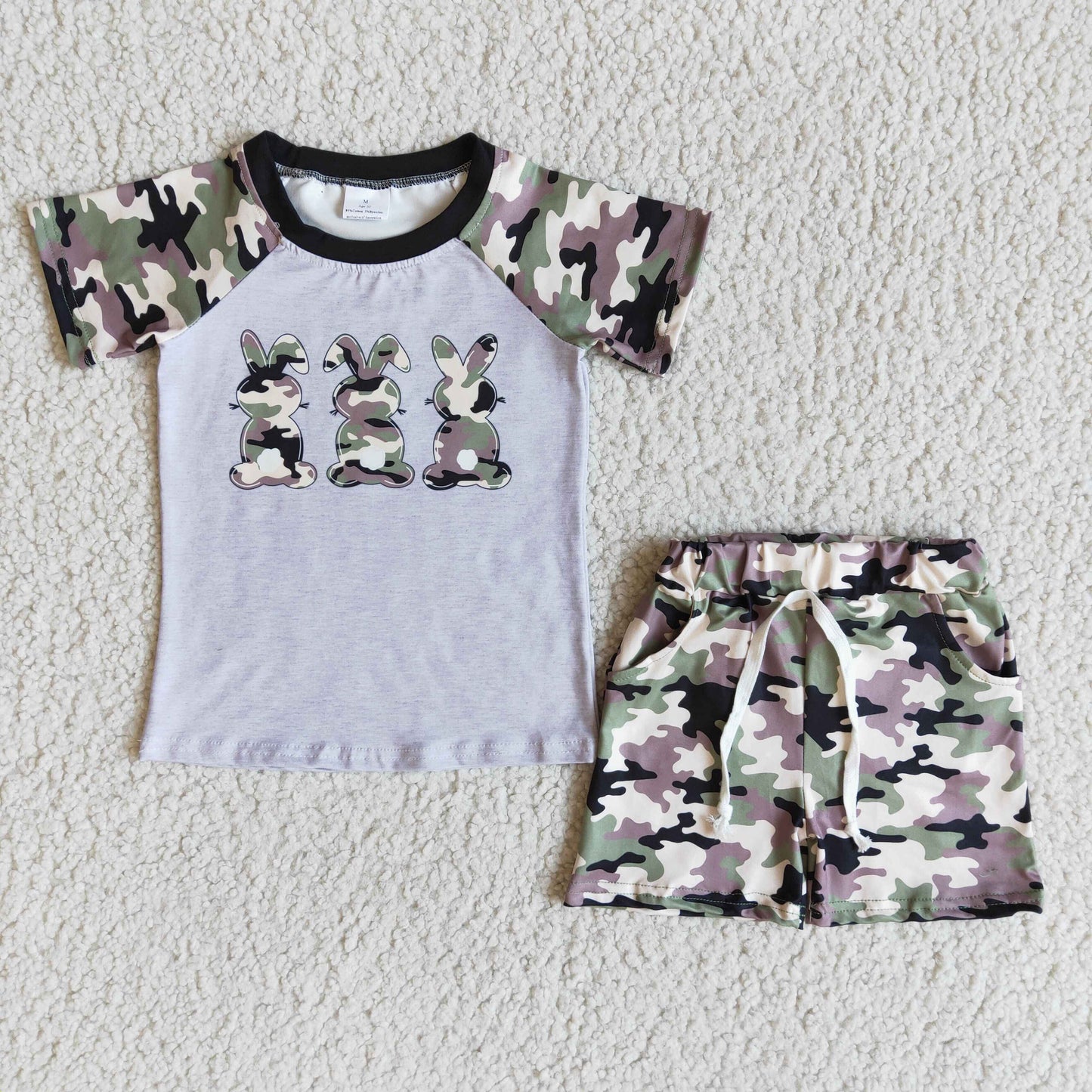 Camo short sleeve bunny print boy easter outfits