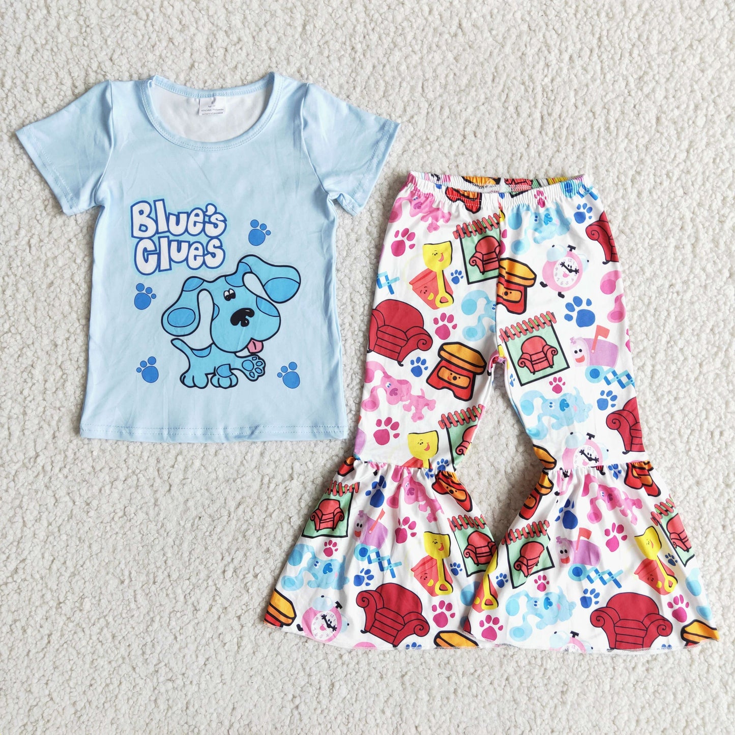 Short sleeve blue dog bell bottom pants girls cute clothing sets