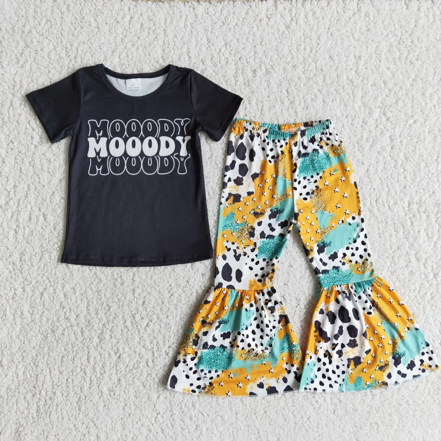 Moody black shirt cow print baby girls clothing set