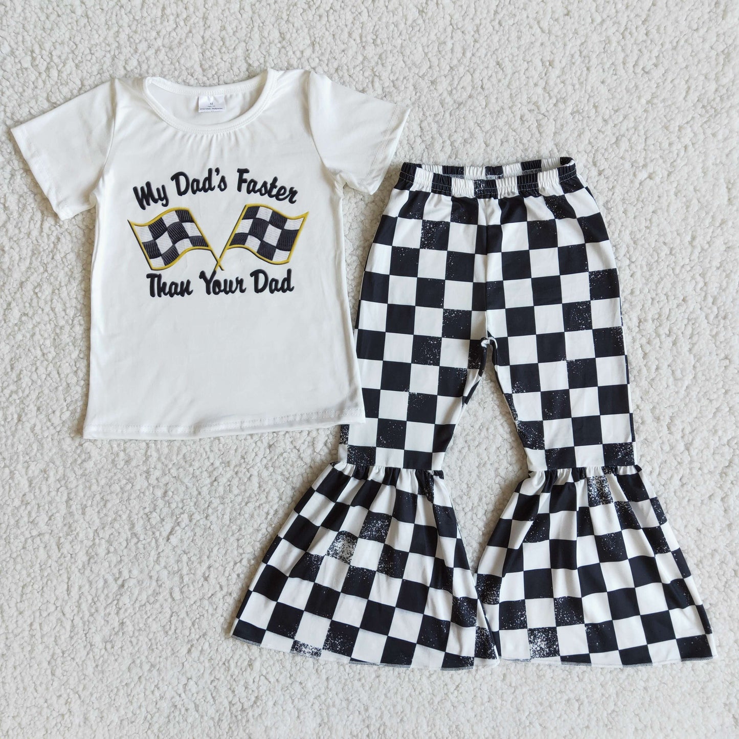 My dad's faster than your dad flag shirt plaid pants girls children clothing set