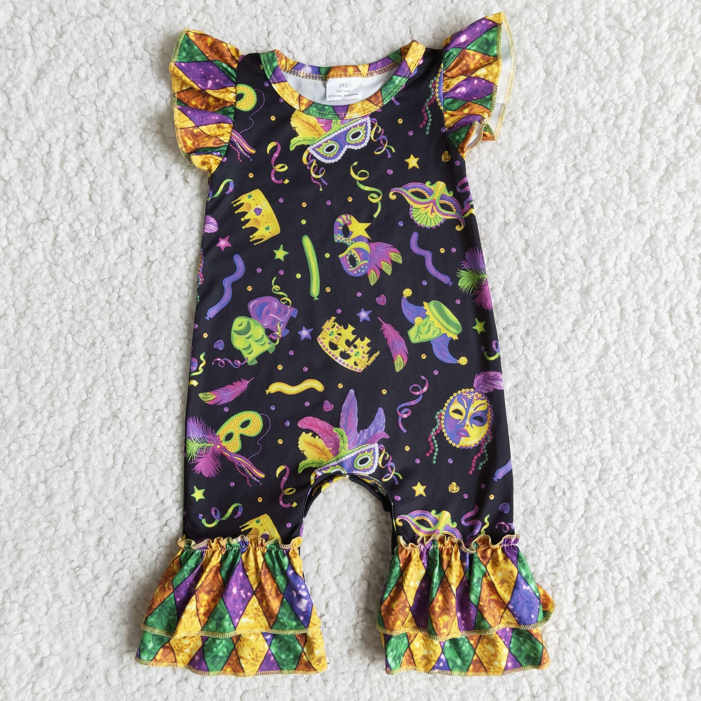 Flutter sleeve ruffle baby girls mardi gras romper