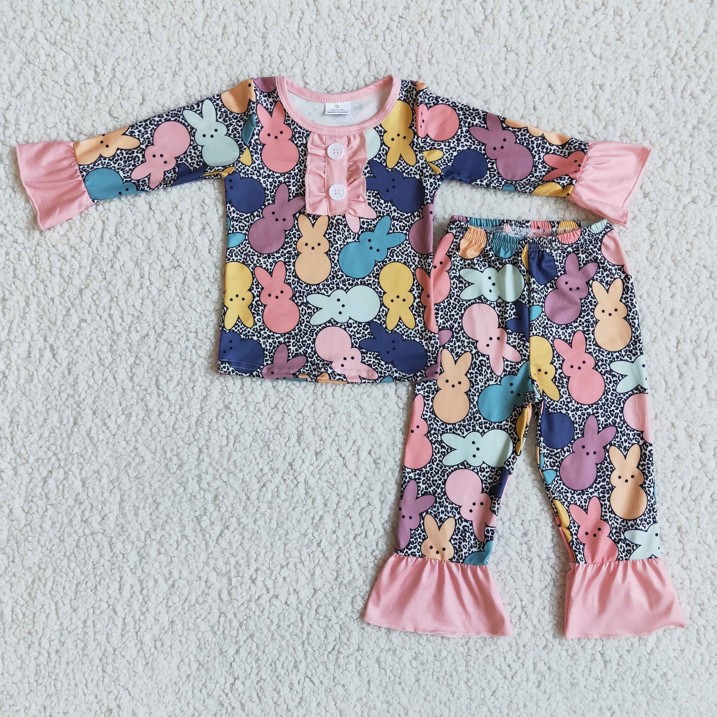 Bunny print leopard girls ruffle easter pajamas