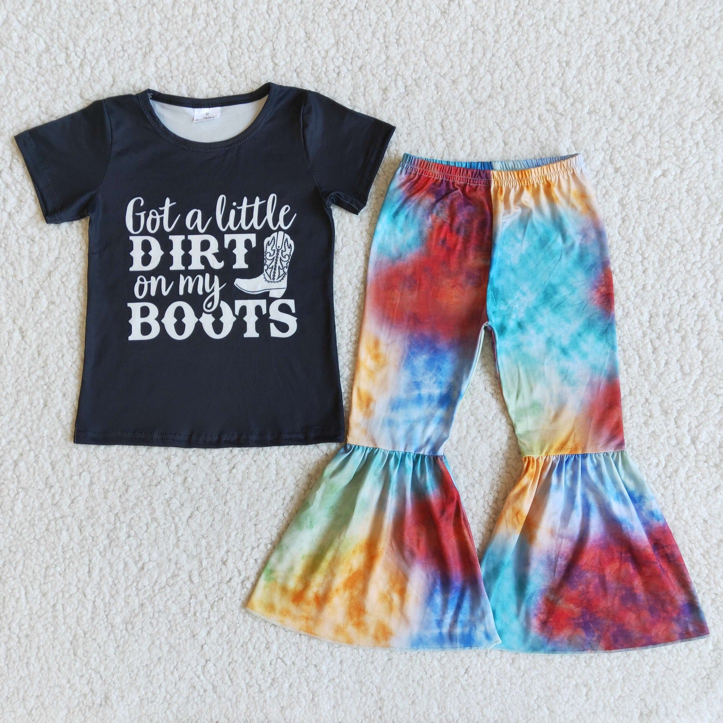 Got a little dirt on my boots shirt tie dye pants girls boutique clothes