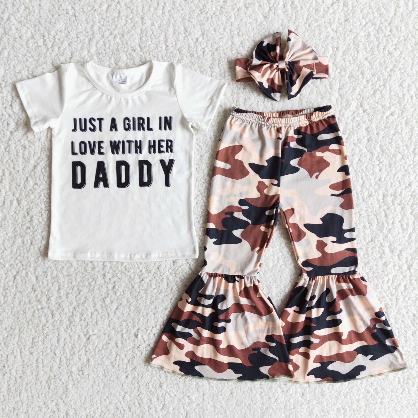 Just a girl in love with her daddy camo bell bottom pants girls boutique clothes