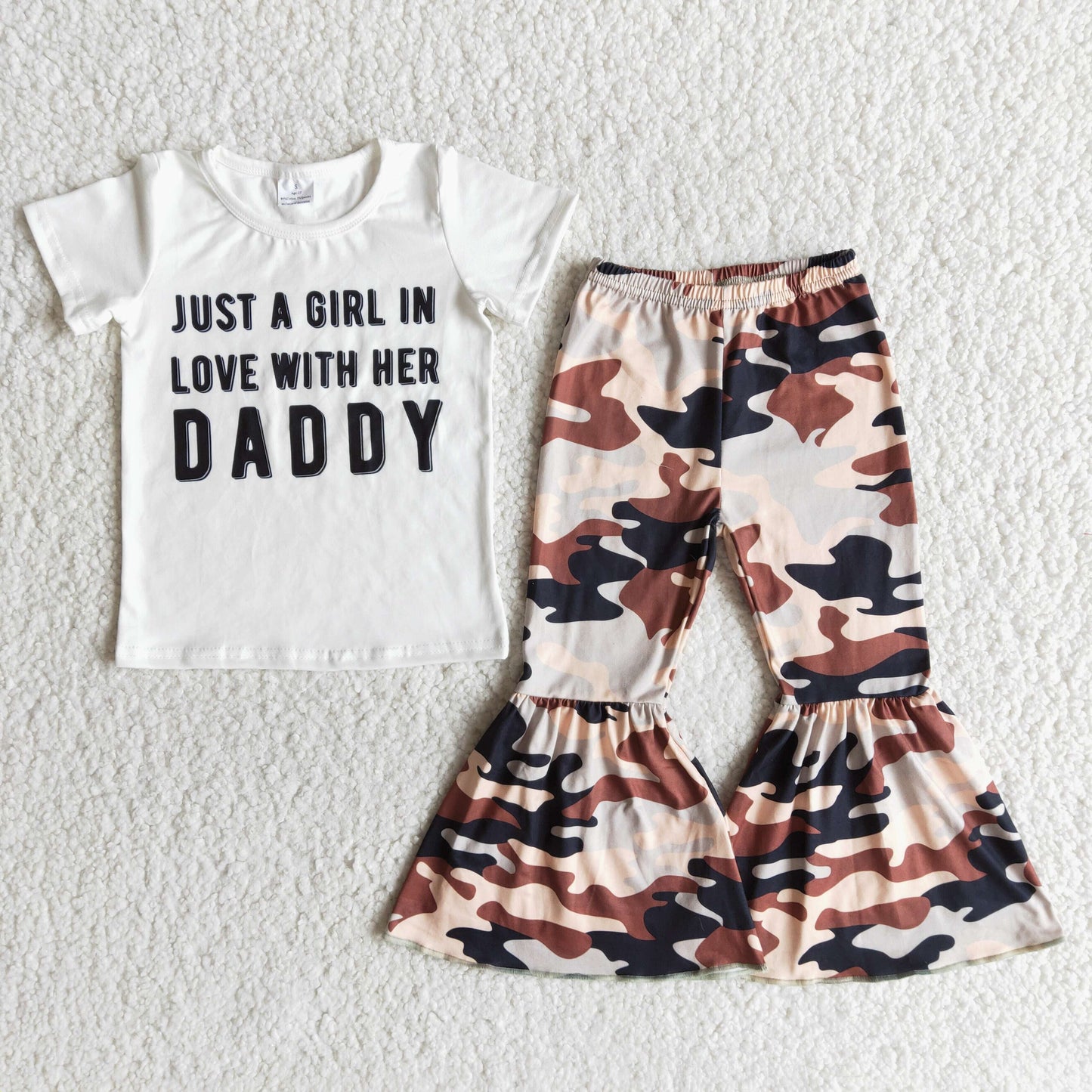 Just a girl in love with her daddy camo bell bottom pants girls boutique clothes