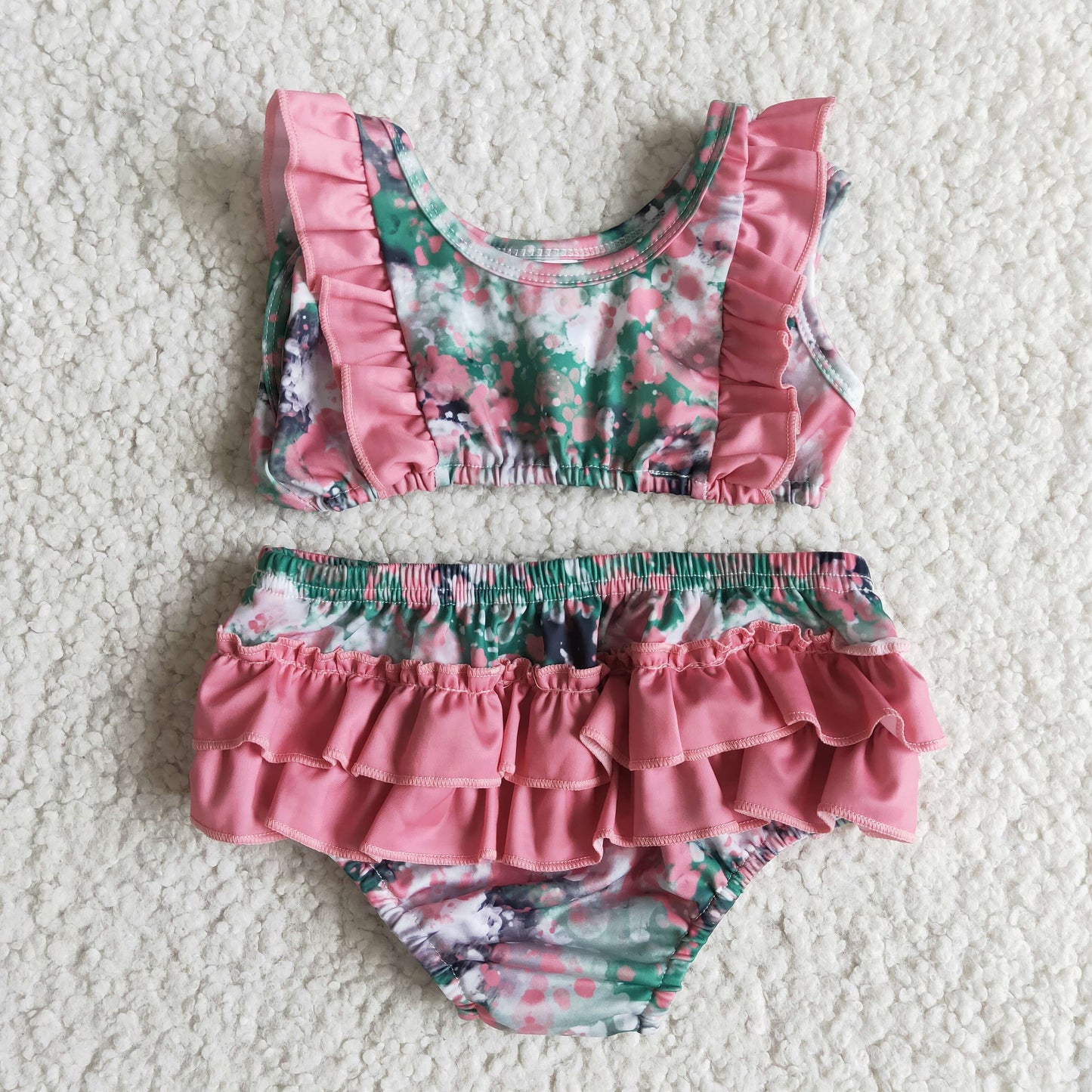 Tie dye print sleeveless ruffle bummies baby girls swimsuit