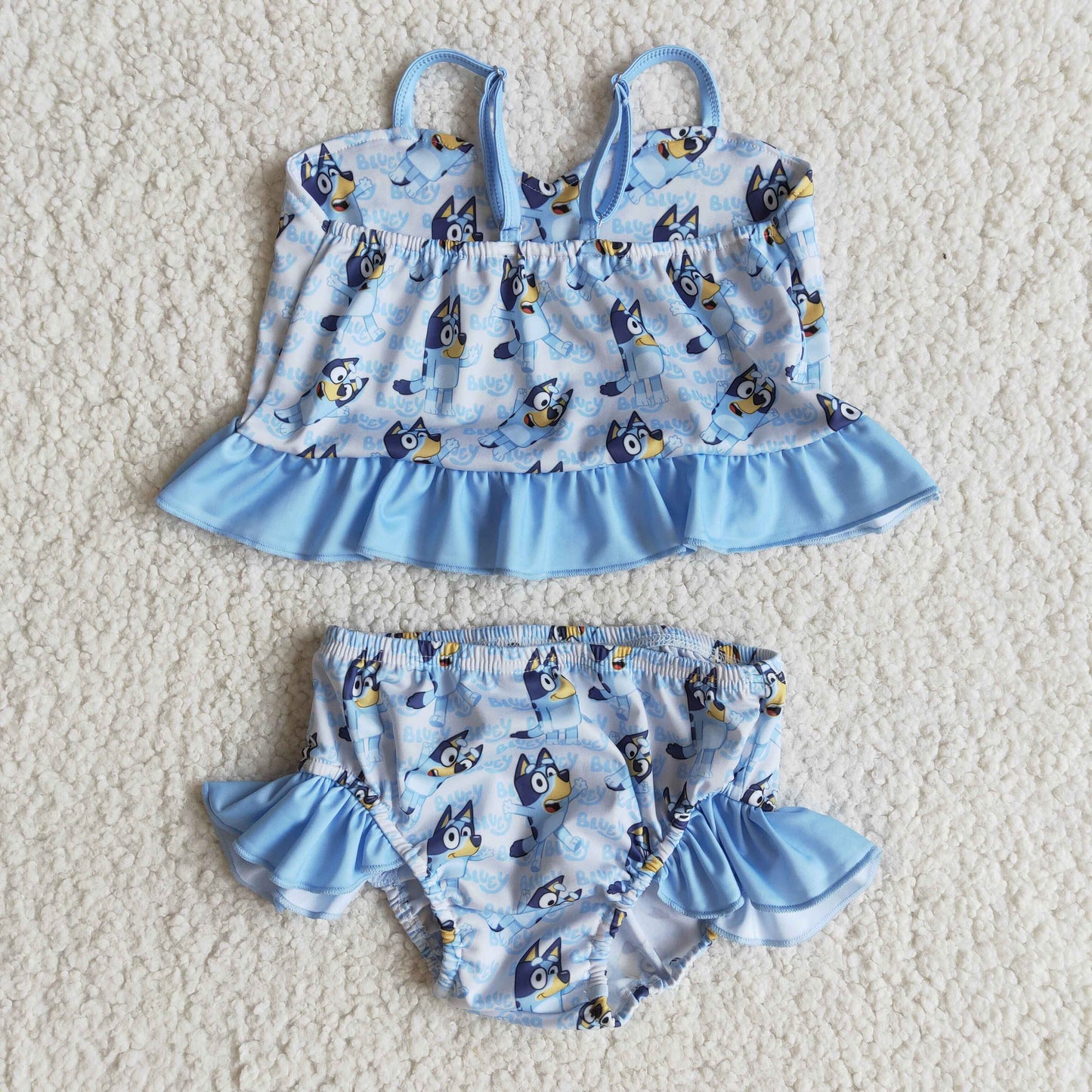 Blue dog print ruffle baby girls summer swimsuit