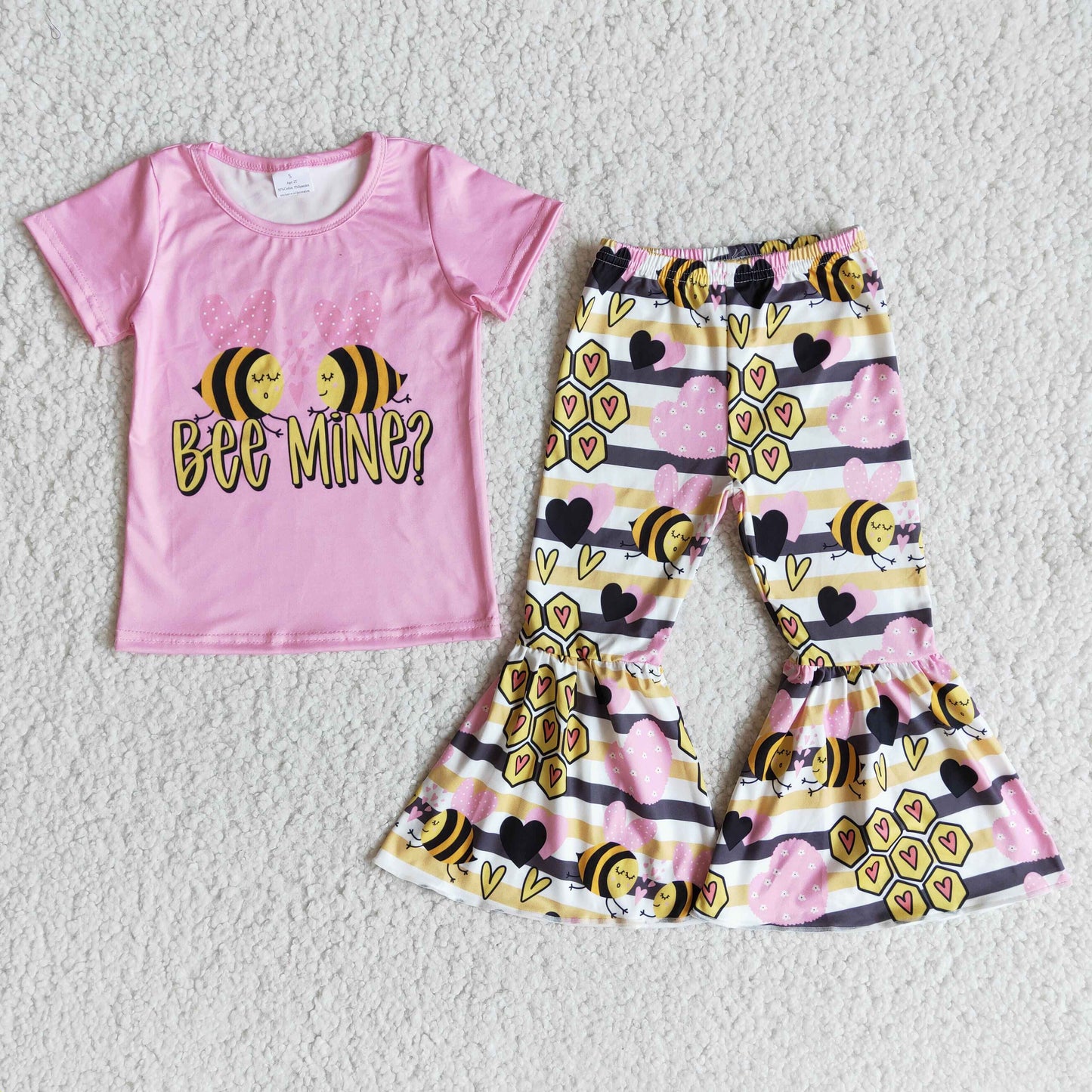 Bee mine pink short sleeve shirt pants girls valentine's day outfits