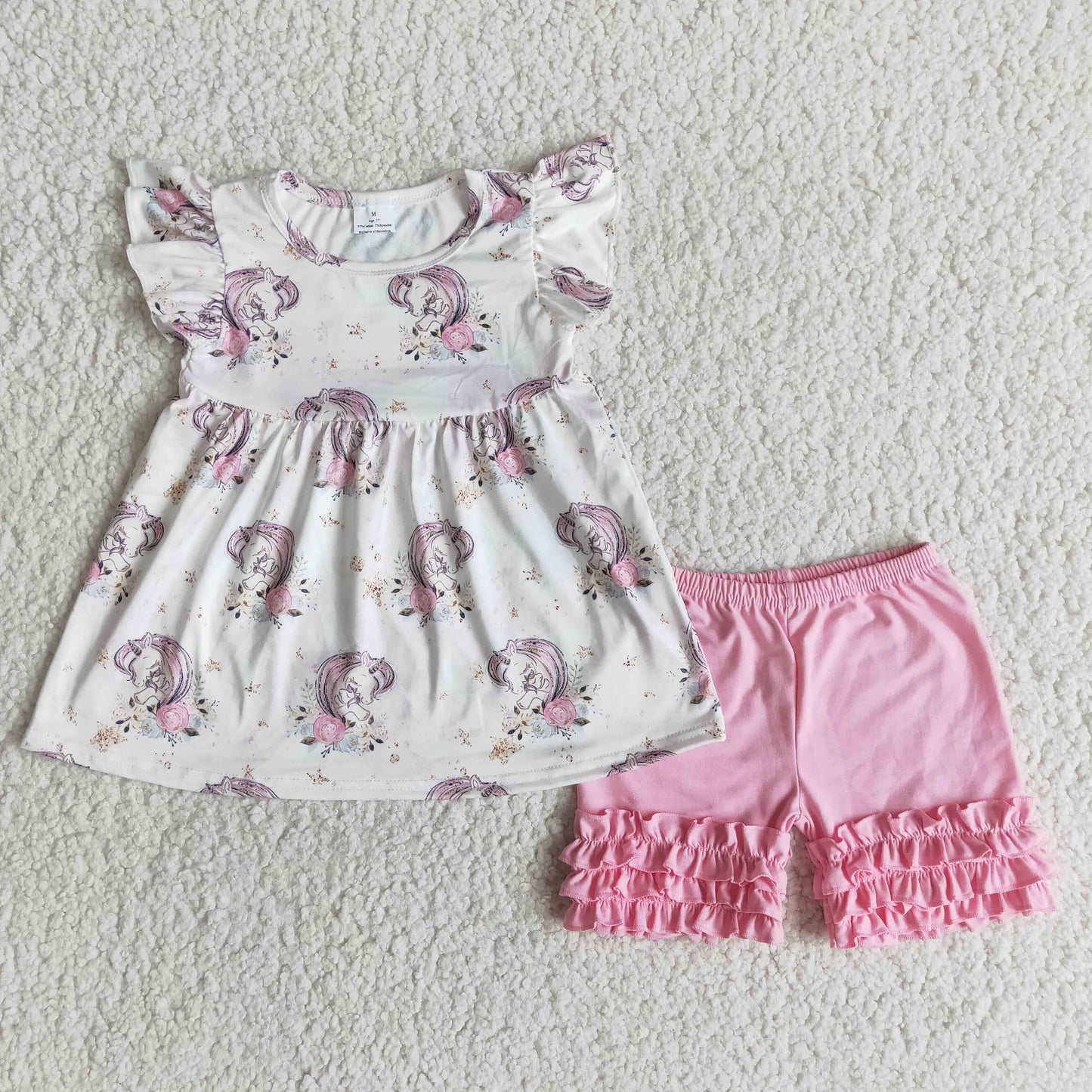 Unicorn print flutter sleeve shirt pink shorts girls clothing set