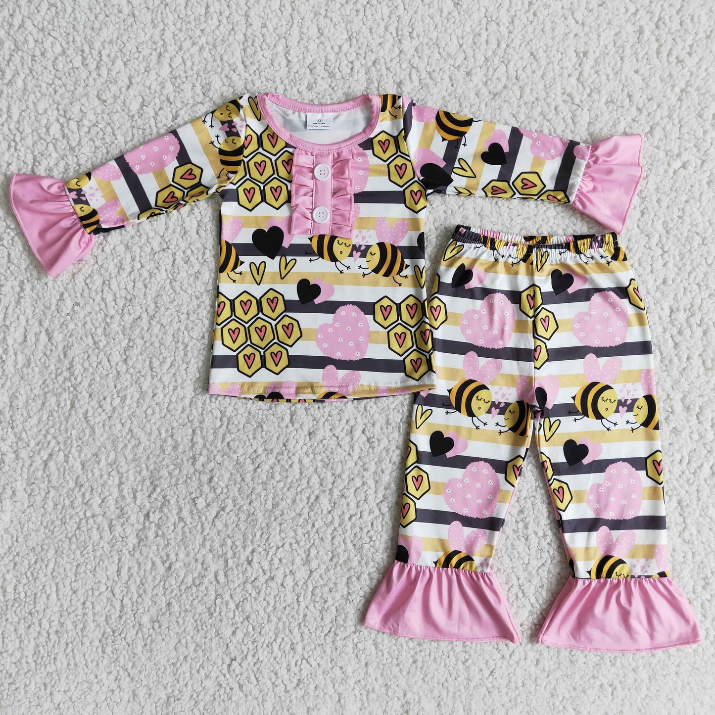 Bee heart print long sleeve girls valentine's pajamas