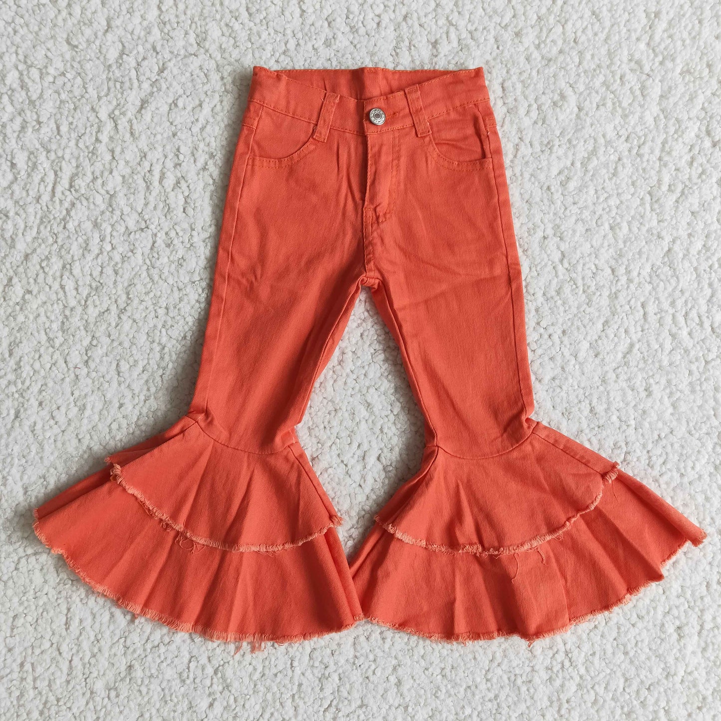 Watermelon red color adjustable waistband ruffle bell bottom denim pants