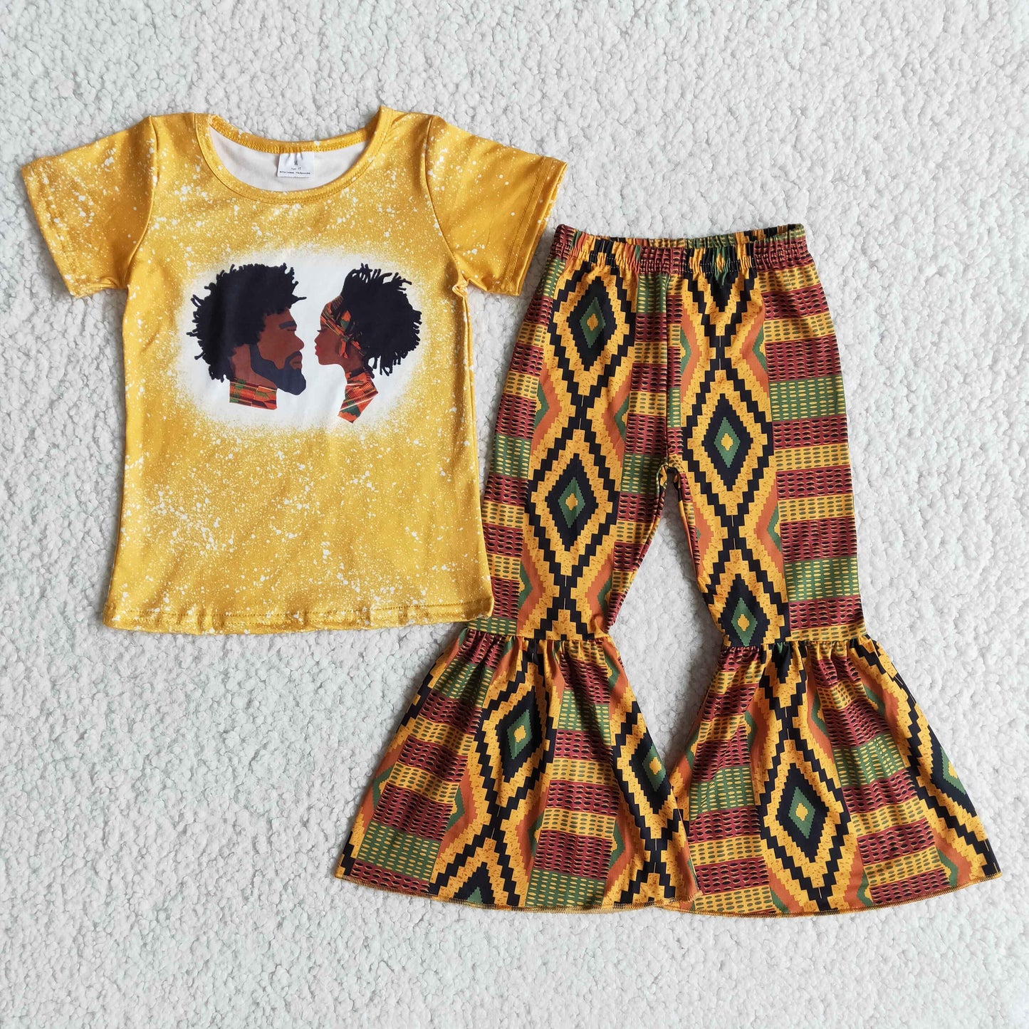 Black history bleached shirt bell bottom pants girls clothing set