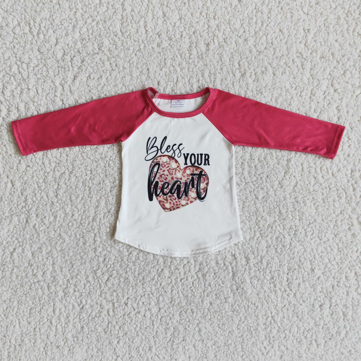 Bless your heart long sleeve raglan kids girls valentine's shirt