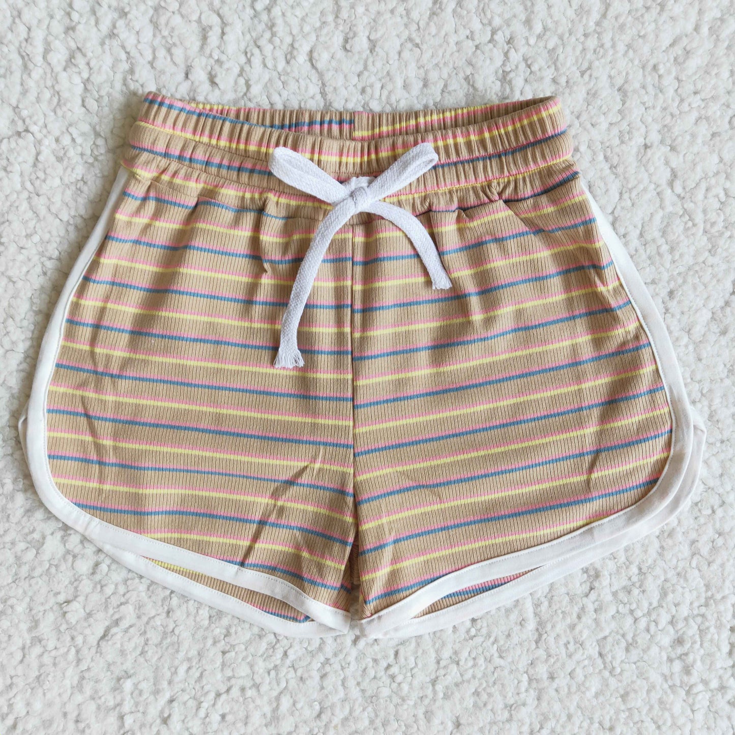 High quanlity cotton Khaki stripe drawstring girls summer shorts