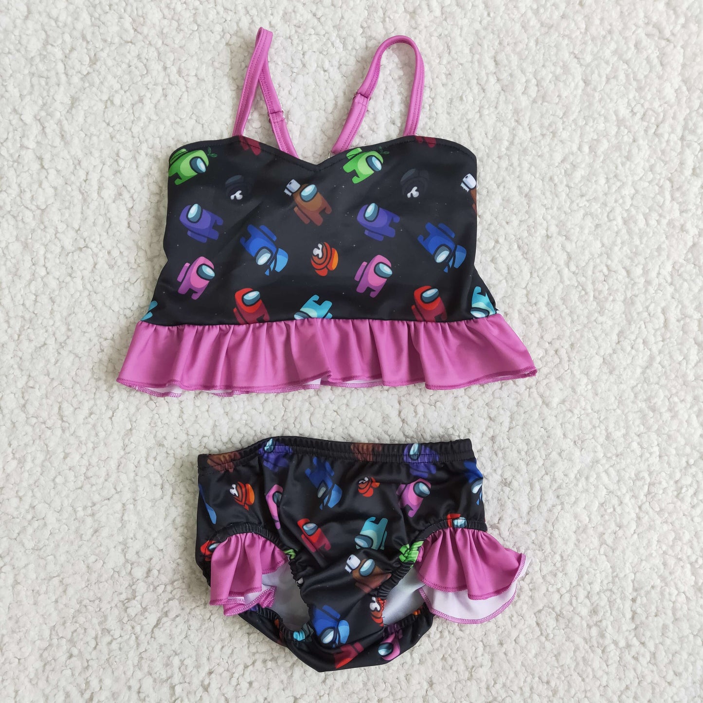 Hot pink ruffle black game print baby girls summer swimsuit