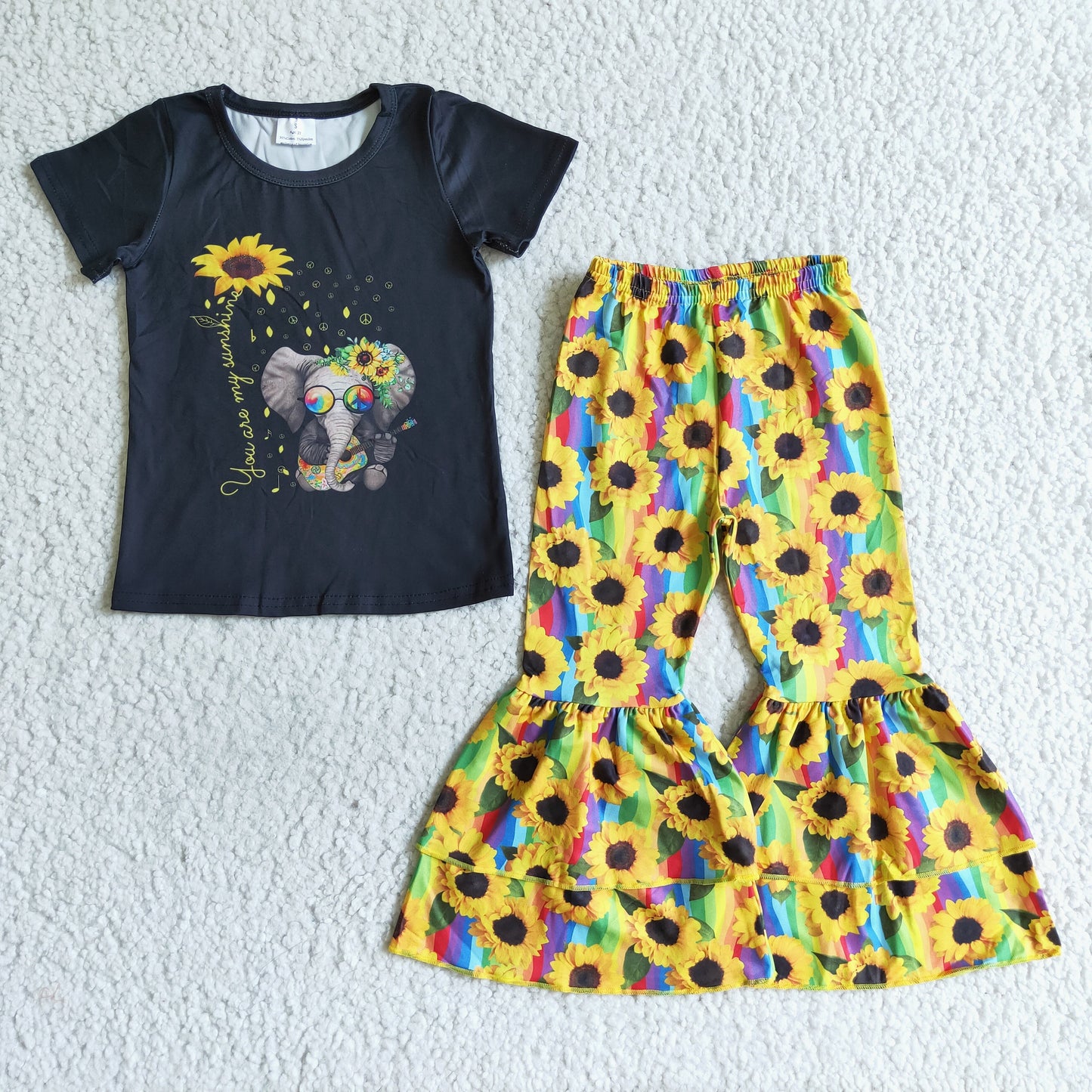 Short-sleeved Elephant Top Sunflower Bell-bottomed Pants Set