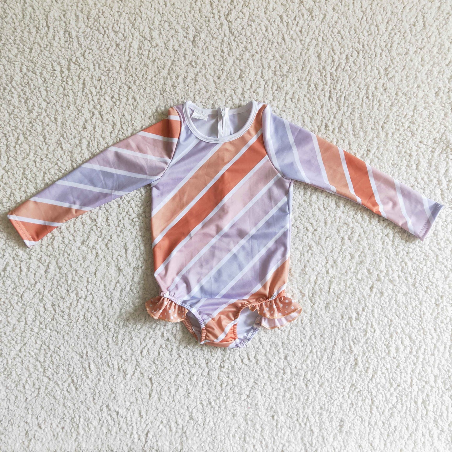 Orange kahki grey white stripe long sleeve baby girls swimsuit