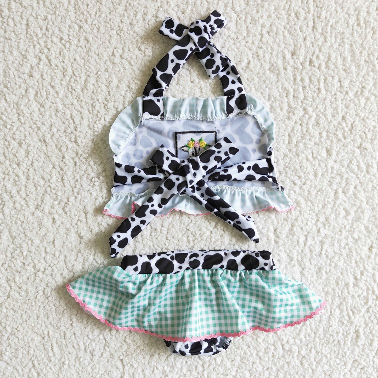 Cow embroidery plaid bath suit baby girls swimsuit