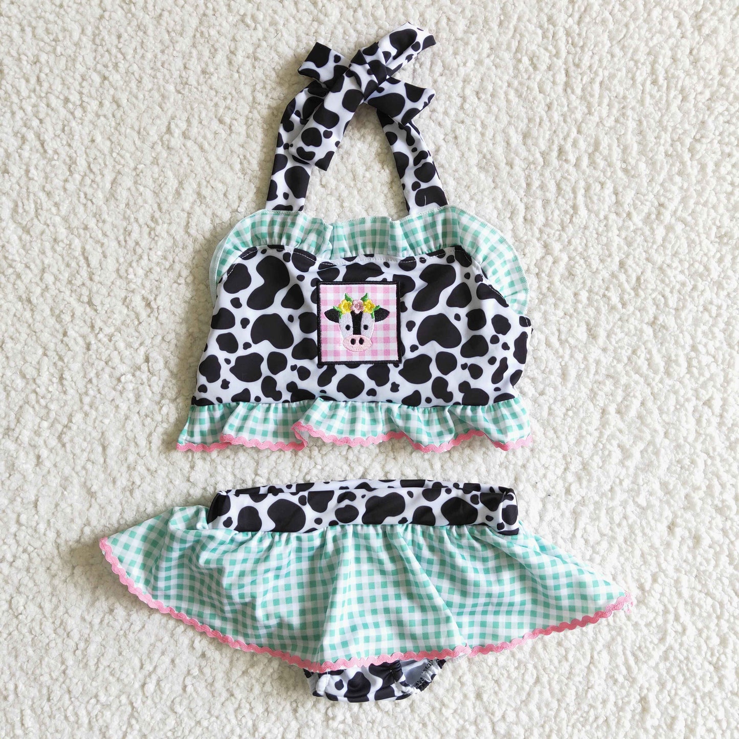 Cow embroidery plaid bath suit baby girls swimsuit