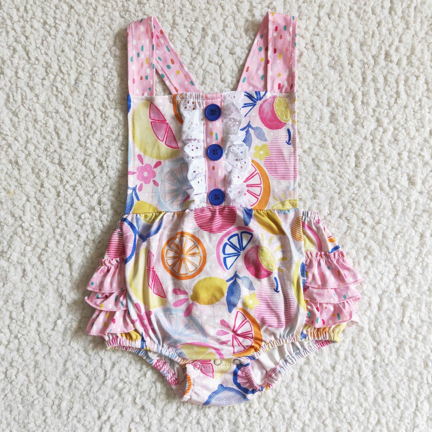 Fruit print sleeveless ruffle bubbles baby summer romper