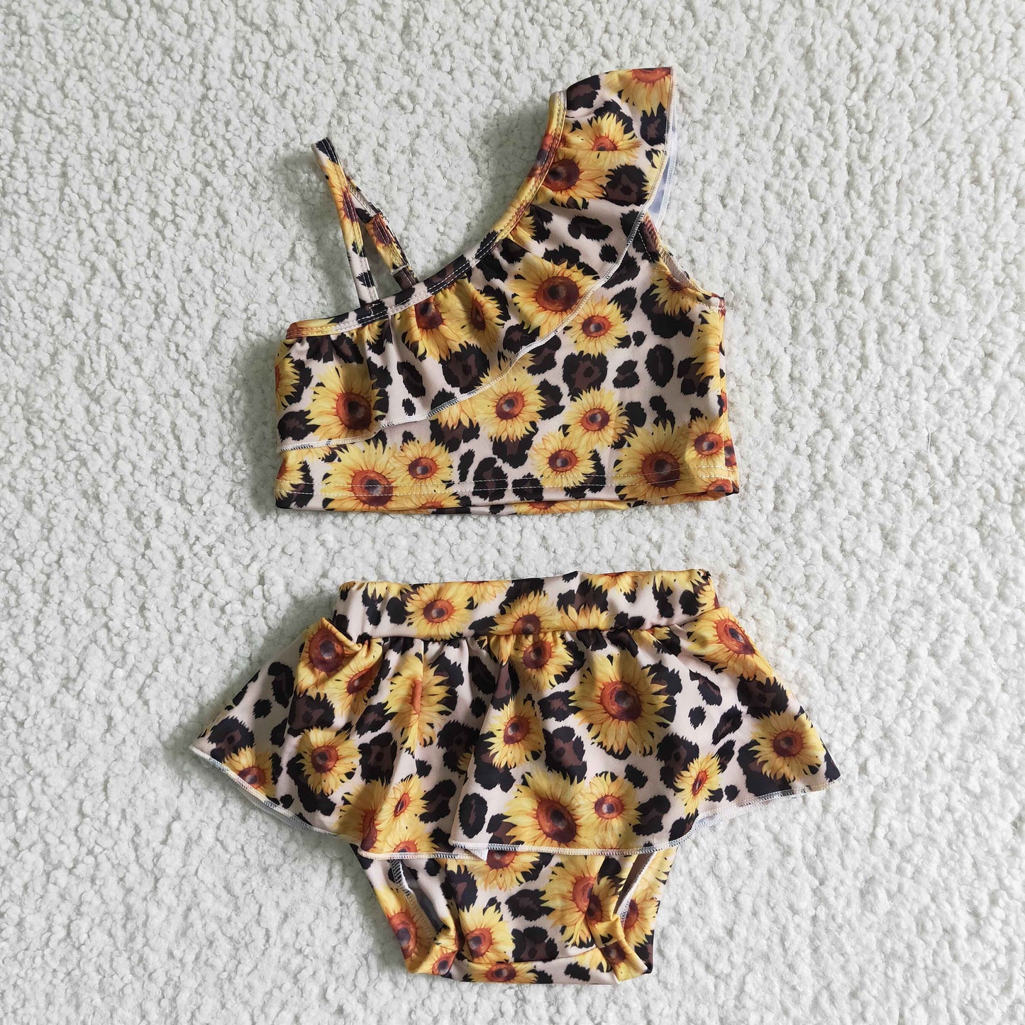 Leopard sunflower baby girls summer ruffle swimsuit