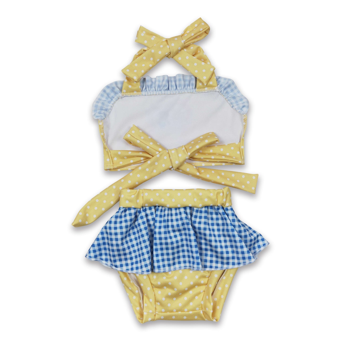 Yellow blue polka dots princess baby girls summer swimsuit