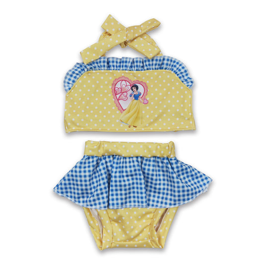 Yellow blue polka dots princess baby girls summer swimsuit