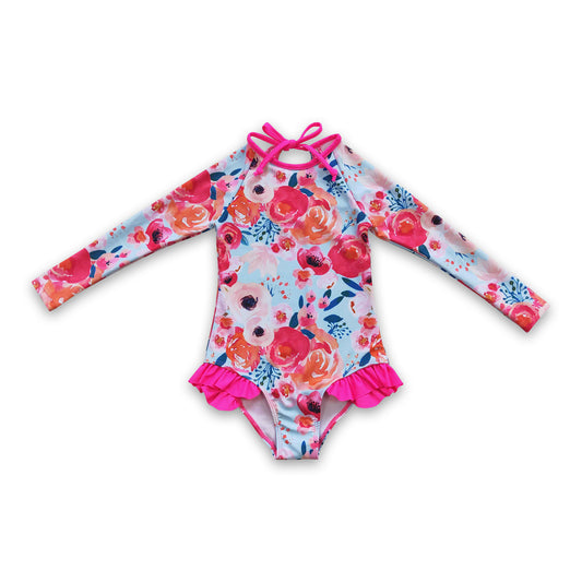 Long sleeves pink floral baby girls swimsuit