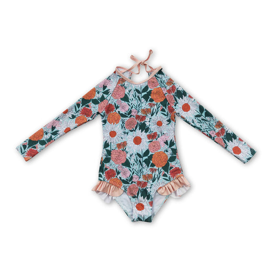 Long sleeves peach floral baby girls swimsuit