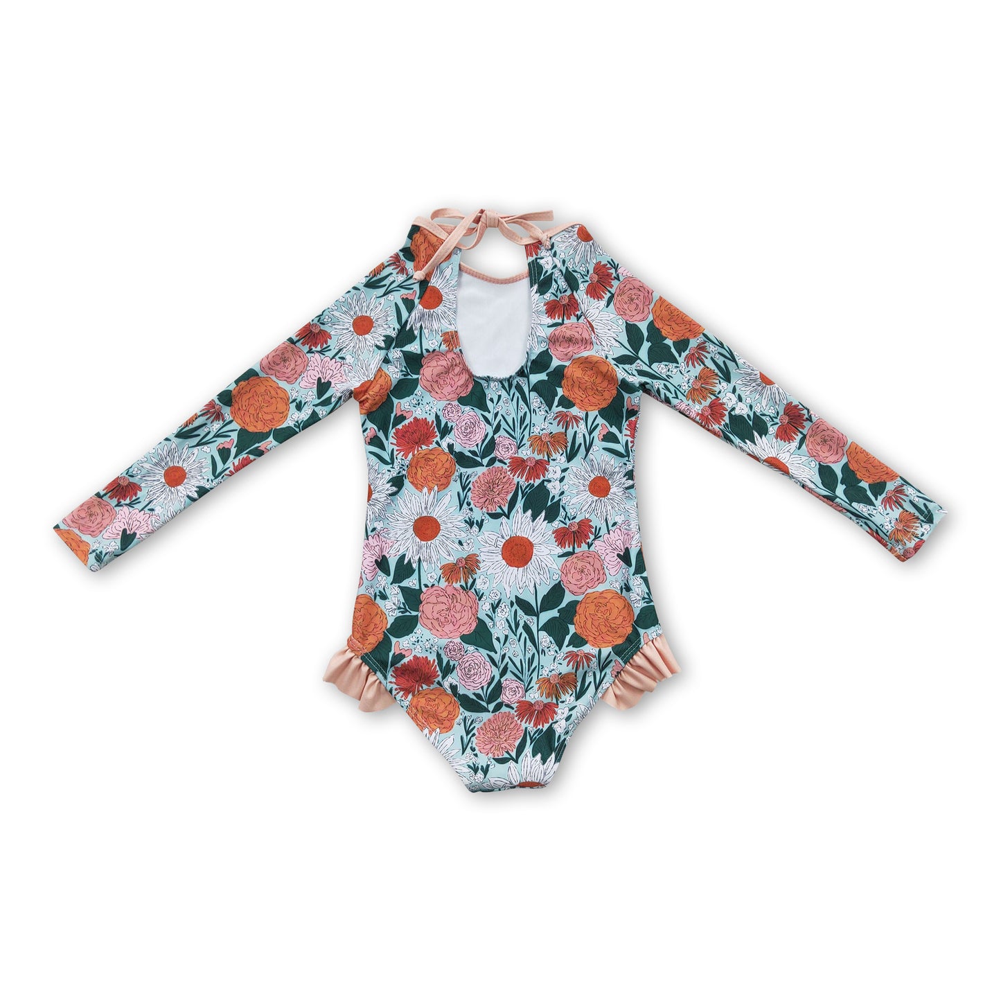 Long sleeves peach floral baby girls swimsuit