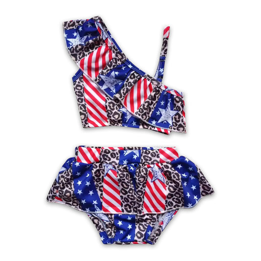 Leopard stars and stripe baby girls 4th of july swimsuit