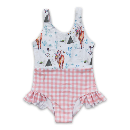 Horse cactus teepee plaid one pc baby girls swimsuit