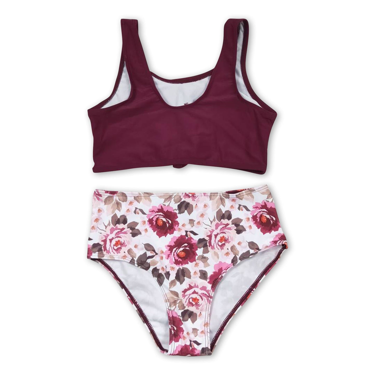 Marroon floral 2 pcs baby girls lining swimsuit