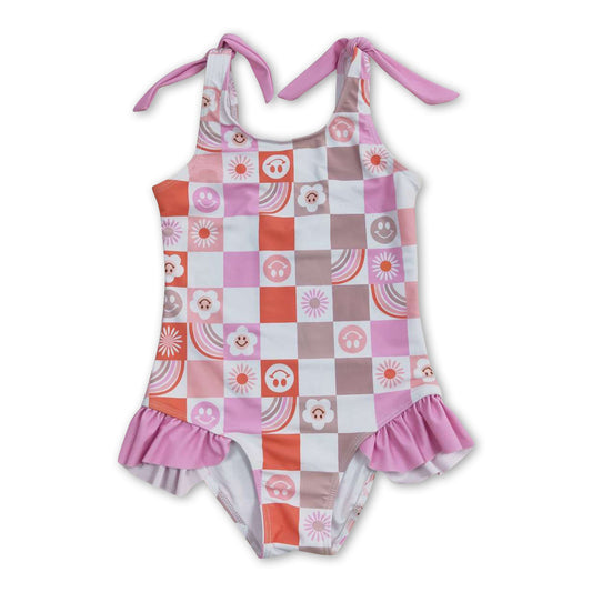 Sun smile rainbow plaid baby girls summer boho swimsuit