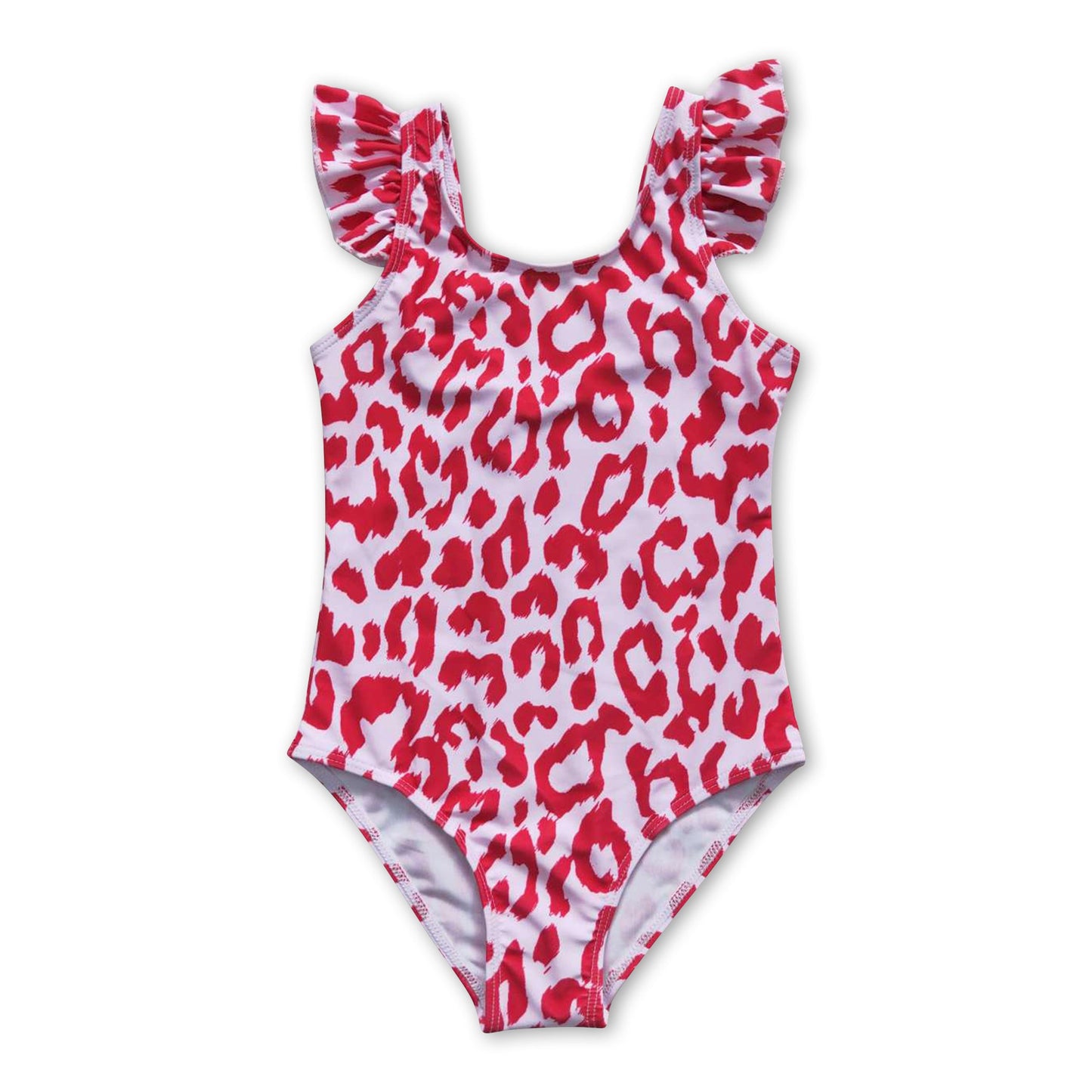 Red leopard flutter sleeves baby girls one pc swimsuit