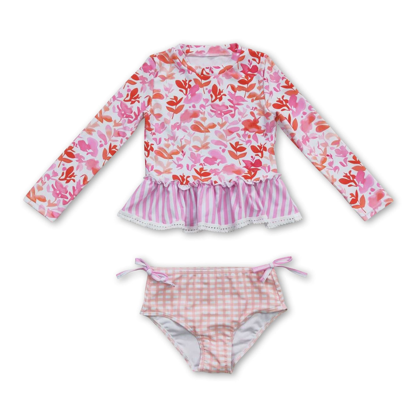 Long sleeves plaid stripe baby girls summer swimsuit