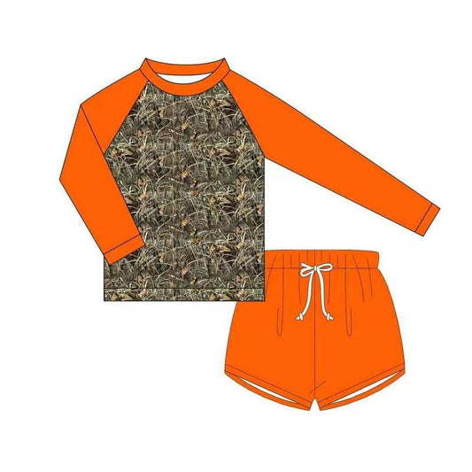 Orange long sleeves camo top shorts kids boy swimsuit