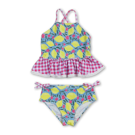 Pink plaid lemon kids girls summer swimsuits