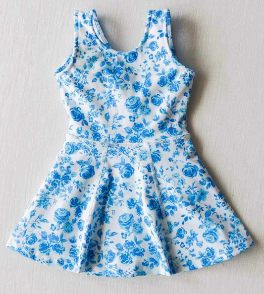 Sleeveless blue floral baby girls swimsuit