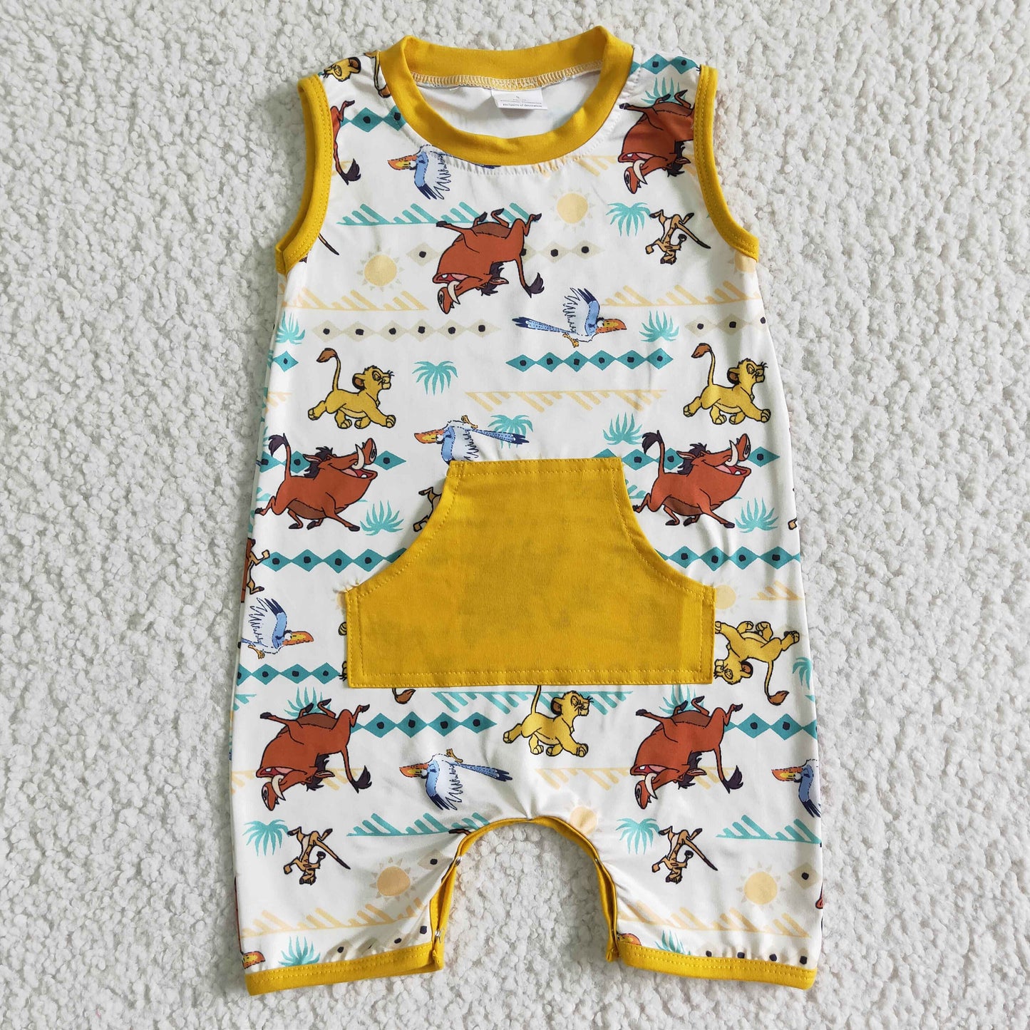 Yellow pocket sleevelss lion baby boy summer romper