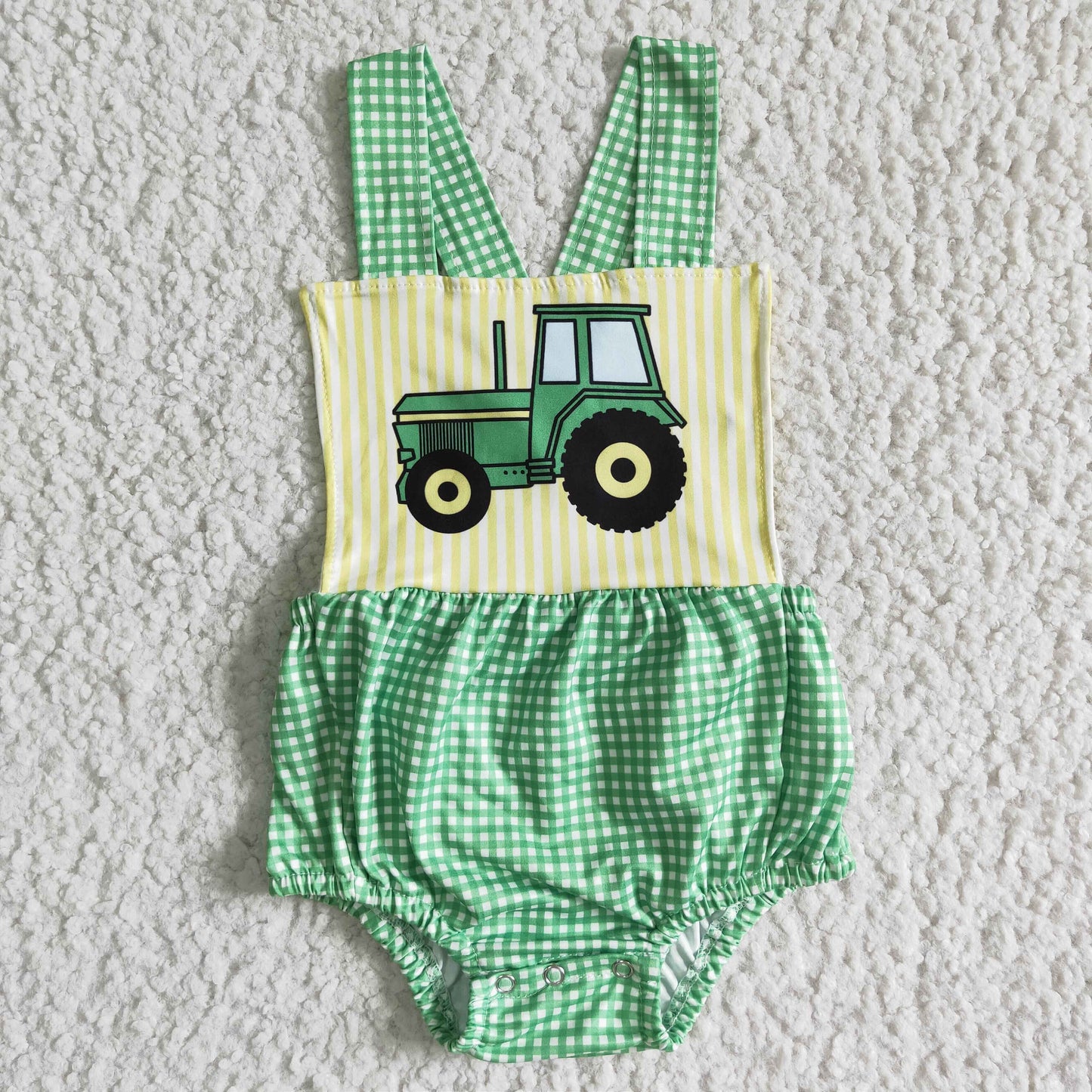 Tractor green plaid baby farm romper